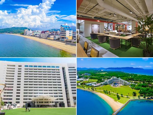 左上：海岸沿いにそびえる青白の建物が「SALT」　右上：「The Company」のシェアオフィス　右下：「THE LUIGANS Spa & Resort」　左下：福岡市役所
写真提供：福岡市