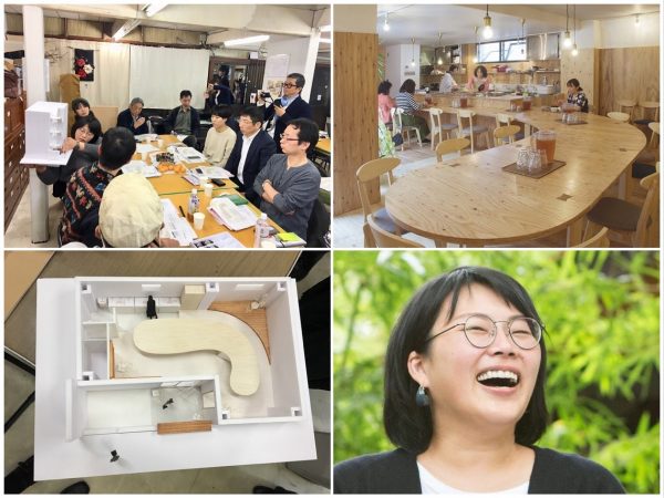 左上／ナゴヤ商店街オープンのワークショップの様子。左下／宮本さんがつくった店舗の模型。（以上、写真提供：商店街オープン運営事務局）右上／ナゴヤ商店街オープンの事業により誕生した「かさでらのまち食堂」。複数の日替わりシェフが営業する。基本は写真のスタイルだが、オリジナルテーブルはジョイントでつなぐ可動式となっているので、変化させられる。それがコロナ禍で功を奏し、今は密になりにくいテーブル設定にしている。右下／取材にご対応くださった宮本久美子さん。かさでらのまち食堂の設計者であるとともに、かさでらのまち食堂運営委員会の一人として運営に携わる。ナゴヤ商店街オープン2020では、名古屋市西部にある新大門商店街のアドバイザーとしても活躍中。（以上、写真提供：宮本久美子さん）