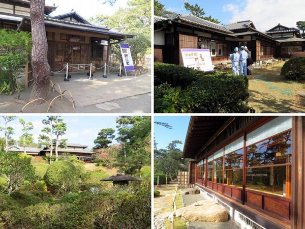 旧陸奥宗光別邸跡。左上から時計回りに、玄関、庭側から、きれいに磨かれたガラス、そして庭から見上げる邸宅。玄関に掲げられた扁額には聴漁荘とある
