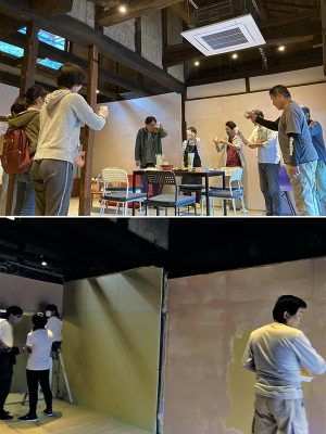上：音戸イロリバHOUSEの内見会の打ち上げ。当日は広島県の中山間地域振興課のスタッフや地域で活動している方々も集まった／下：古民家再生で壁に漆喰を塗る作業に、地元の呉高専の学生や農家さんなども参加した