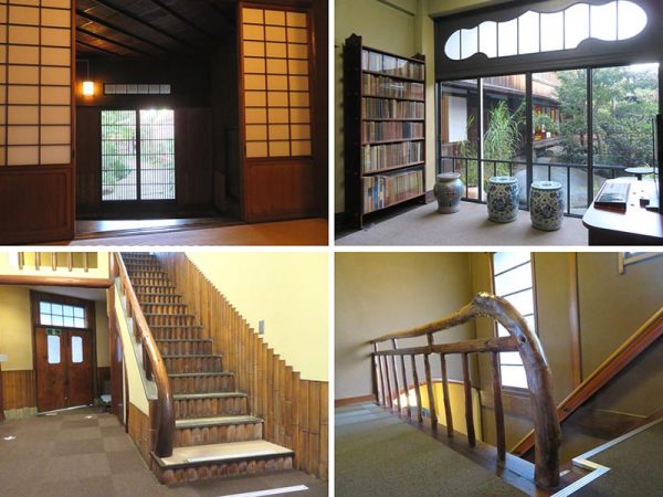 左の2点は住居側、アトリエ側のそれぞれ玄関。斜めに取られているのが分かる。右上は庭に臨むアトリエ棟のコーナー。右下は自然の造形が楽しめる手すり。細部へのこだわりに圧倒された