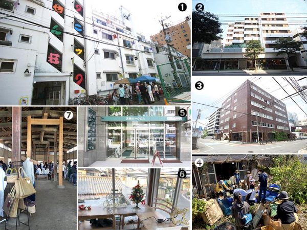 ①冷泉荘、②新高砂マンション、③山王マンション 、⑤天神パークビル（以上4点、スペースRデザインHPより）、④柳川「河野邸」の片付けイベントの様子（柳川暮らしつぐ会Facebookページより）、⑥樋井川アートセンターのリビング（樋井川村提供）、⑦「旧八女郡役所」で開催されたマルシェの様子（八女空き家再生スイッチFacebookページより）