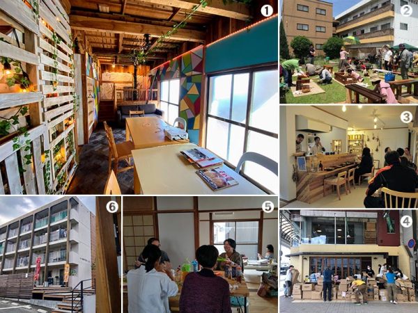 ①糸島のコワーキング＆シェアオフィス「ランタイム糸島」、②久留米･ハンダアパートの庭園でのイベント（H&Abrothers提供）、③太宰府「コリッコカフェ」、④大牟田･銀座通り商店街の辰巳屋ビル前で行われた、災害支援物資の仕分け作業（大牟田ビンテージのまちFacebookページより）、⑤久留米「松葉ビレッジ」内の「松葉荘」で毎月開催されている、広島風お好み焼き会の様子（松葉ビレッジ提供）、⑥同じく久留米「コーポ江戸屋敷」1階にはウッドデッキがつくられ、パン工房やコーヒーショップがオープンした（コーポ江戸屋敷Facebookページより）