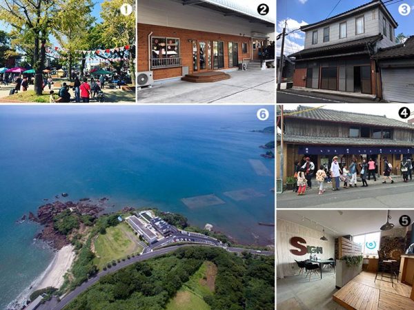 ①鹿児島「騎射場のきさき市」の様子（騎射場のきさき市提供）②薬局の薬保管庫を改修活用した、伊佐市の企業主導型保育園（伊佐てぃーむ。提供）、③霧島市「横川kito」にリノベする古民家（横川kito Facebookページより）、④南九州市頴娃町の古民家再生地域拠点「塩や、」（頴娃おこそ会提供）、⑤長野ビンテージビルプロジェクト＠光ハイツを運営するアドイシグロの情報発信拠点「TIME」（アドイシグロ提供）、⑥鹿屋市「ユクサおおすみ海の学校」（大隅家守舎HPより）