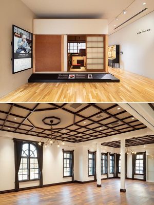 上／旧陸軍第九師団司令部庁舎2階「松田権六の仕事場」。工房の移築展示に加え、作家の記録映像も上映される　</br>下／旧陸軍金沢偕行社2階の多目的室。明治時代の格天井や板張りの床を復元。照明器具は同時期に建てられた「旧弘前偕行社」のシャンデリアを参考に再現した。</br> 写真：太田拓実