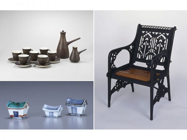 左上／ルーシー・リー《コーヒー・セット》1960 年頃 Estate of the artist／撮影：エス・アンド・ティ フォト　</br>左下／富本憲吉《色絵家形筆架》1937年 撮影：アローアートワークス　</br>右／クリストファー・ドレッサー《ガーデン・チェア》1867 年 撮影：アローアートワークス　</br>すべて東京国立近代美術館蔵 