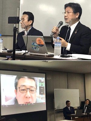上／静岡会場の鈴木・田辺両市長<br>下／リモートで参加の濱口和久拓大教授
