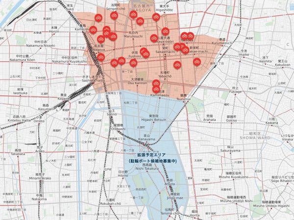 2020年12月末現在の稼働中ポートの一覧。名古屋駅、栄地区という2大商業圏と、名古屋城、市役所などの官庁街といった、名古屋中心部をカバー(資料提供：neuet)