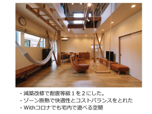 タムタムデザインによるコロナ禍でのリノベーション施工事例。室内で遊べる空間をつくったほか、断熱性能と耐震性能といった建物性能も向上させた（田村氏のスライドより）
