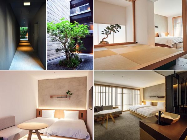 左上/ロビー・ラウンジと宿泊棟を結ぶ、ほの暗い通路。100年という時の流れをつなぐ場所となっている　上中央/宿泊棟にある吹き抜けの坪庭。左側の壁は1枚ずつ木目をかたどったコンクリ―ト製だ　右上/畳スペースがある「Tsuboniwa Suite」（写真提供：nol Kyoto sanjo）　左下/「Tsuboyu Superior」。ベッドの上のアートワークは、町家の桟や欄間を使用して作られたもの。各部屋でそれぞれ異なる作品が飾られている（写真提供：nol Kyoto sanjo）右下/「Hibaburo Deluxe」は、大きめの檜葉（ひば）風呂でゆっくりと疲れを癒やせる　※檜葉風呂は全客室に設置（写真提供：nol Kyoto sanjo）

