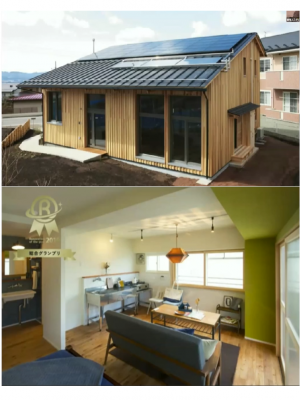 上／竹内氏が設計した「山形エコハウス」。トリプルサッシを採用し、屋根には太陽光パネルと太陽熱温水器を積む　下／「鹿児島断熱賃貸〜エコリノベ実証実験プロジェクト〜」はリノベーション・オブ・ザ・イヤー2019で総合グランプリを受賞。リノベーションで新築基準を遥かに超えるレベルの性能を実現し、温暖な鹿児島では高い断熱性能など必要ないという誤った通念をファクトで否定した点が評価された（竹内氏のスライドより）