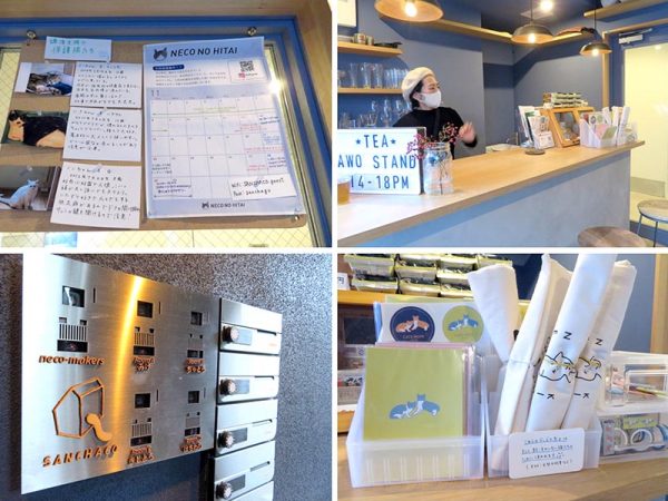 左上から時計周りに、保護猫の解説、1階のレンタルスペース、レンタルスペースに置かれた猫グッズ。売り上げは猫のために使われる。猫好きには楽しい住戸表示