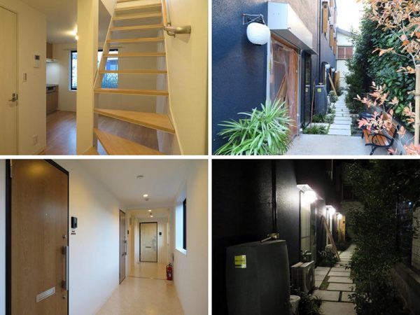 左は住戸内リビングと廊下、右は三軒茶屋の路地をイメージしたという外観と照明