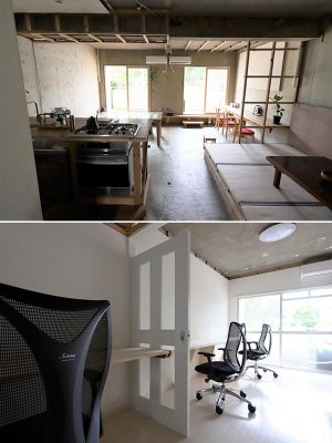 上）シェアキッチンを備えたR-Spaceでは、地域住民がふらりと立ち寄る光景が見られた<br />下）シェアオフィスであるR-Officeは、近隣に住むリモートワーカーからの需要も見込む。住宅地内のシェアオフィスは貴重な存在だ