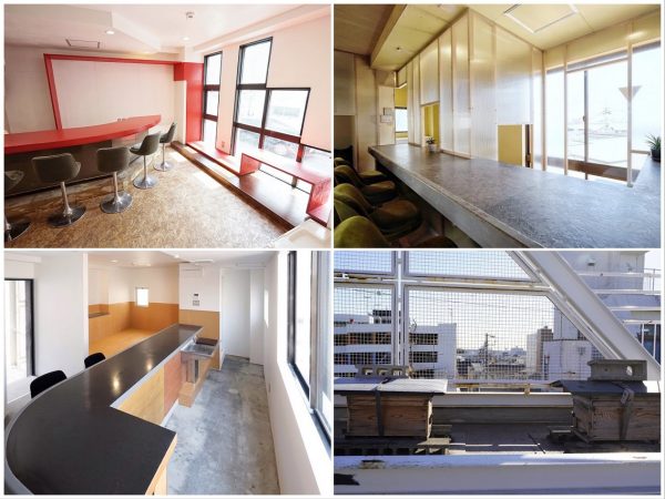 左上／現代版の寺子屋をテーマに、無料で貸し出すスペース「かさてらこや」。“誰もが先生になれる”とし、教室などを開くことができる。左下／民泊「デラstay」の一室。既存のバーカウンターを残した特徴的な空間になっている。民泊は3人までの部屋が2室、4人用が1室の計3室あり、各室はミニキッチン、トイレ、シャワーブース、Wi-Fiを完備。右上／コワーキングスペース「かさロン」は、宮本さんが代表を務める建築設計事務所で運営。最大6名が利用でき、バーカウンターを残した制約があるなかで、“豆書斎の連なり”というテーマで、中空ポリカで仕切り、空間を設えた。(以上、写真提供：宮本久美子さん)右下／ビルの屋上で7年前から、笠寺のまちづくり団体が養蜂を行い、採取されたハチミツは「観音はちみつ」と名付けられている。3階にある「はにーずキッチン」は、菓子製造許可をとり、このハチミツを使ったお菓子を作って、マルシェなどで販売する活動もできるようになっている