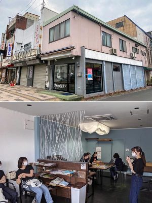 上／NINAUの事務所と地域の人のフリースペースを兼ねた「しごとcafe FLAG」。JR日田駅前にあり、かつては酒屋の店舗だったという　下／「しごとcafe FLAG」には地元の高校生たちが集まる。イベントの自主企画などを話し合う場面も。<br>（下の写真提供：NINAU）
