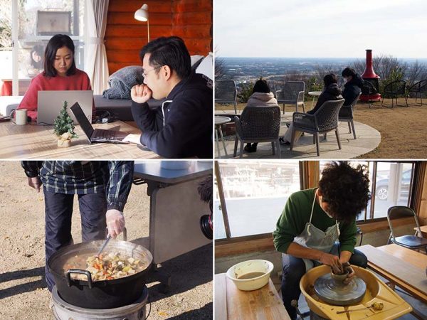 上左／ETOWA KASAMAでテレワークをする参加者たち。静かな環境で仕事に集中できるそうだ　上右／ETOWA KASAMAからは、雄大な景色を望むことができる<br />
下左／地元の人からふるまわれた猪肉が入ったけんちん汁　下右／伝統的工芸品である笠間焼の制作体験。笠間には休日も楽しめるコンテンツが揃っている