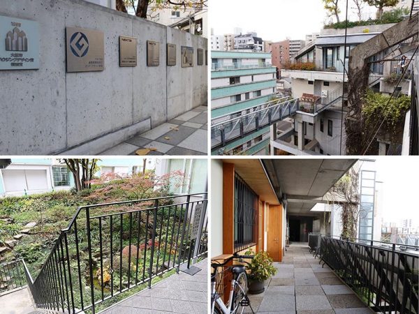 左上から時計周りに入口に掲げられている数々の受賞歴、建物はコの字状になっており、屋上緑化が行われている、廊下など共用部分を広く取り、人がすれ違う以上の役目を果たしている、1階部分の中庭にはせせらぎも