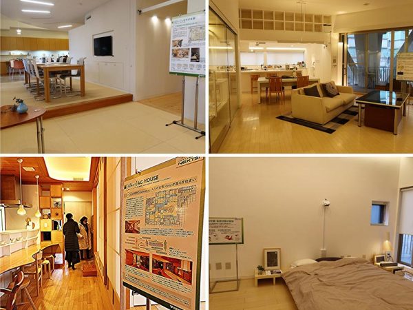 左上はしなやかな家。奥のダイニングキッチンは教室として開かれてスペースとなり、手前の和室は家族のためのもの、間を仕切ることができる。左下は4G HOUSE。細長いカウンターのあるキッチンの周囲に個室が並ぶ、右はIoTを利用した住宅。あちこちにカメラなどが設置されている