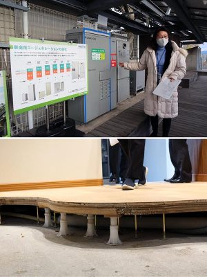 設備の進化について説明する加茂氏、構造について見せる部屋もあり、床、壁や配管その他の工夫を学べる
