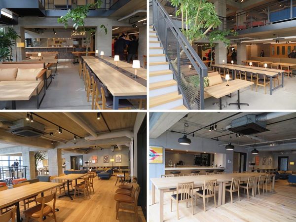 左上から時計回りに、１階、奥にリラックス食堂が見える、1～2階は吹き抜けになっており、人の雰囲気を感じる、階段を上がったところにあるのがコモンキッチン、そしてイベントの場ともなる広いラウンジ