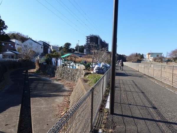 森野橋から上流を見たところ。向かって左側が相模原市、右側が町田市。左側の家が切れた辺りに注目して次の写真を見て欲しい