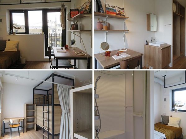 左上から時計回りに3点がシャワーブースのついた個室。最後は4人部屋。自分のスペースはいずれもコンパクト