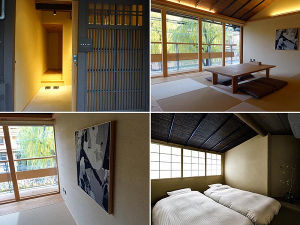 左上：京町家らしく奥行を感じる玄関、非接触で開錠が可能　右上：白川を一望できる2階居間　左下：伝統工芸品「西陣織」のアートパネル　右下：羽毛布団や座布団、カトラリーなど京都ゆかりの備品がそろう