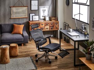 エルゴヒューマン：株式会社関家具
独立式ランバーサポートが背骨のラインを自然なS字カーブに導きサポート。体格に合わせ各部が細かく調整でき、男女問わず快適に使用できる。座面の高さや奥行き、リクライニングの３つの機能調整が１本のレバーに集約され、直観的な操作が可能。張地は3種類、計14色から（機種による）、座面も2タイプと、好みや用途に合わせ選択できる