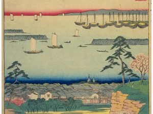 品川沖に見える船が日本全国から情報を運び、江戸から情報を伝えた。広重の五十三次名所図会　品川より