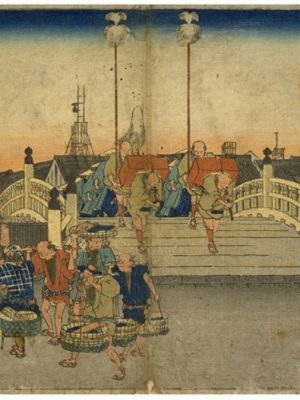 品川沖に見える船が日本全国から情報を運び、江戸から情報を伝えた。広重の五十三次名所図会　品川より