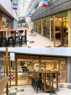 上／通りを挟んで右がコトブキリビング、左がコトブキッチン　下／コトブキッチン。「彩り豊かな旬の素材を使った、体にやさしいお惣菜がコンセプト」と福岡さん。「最初にワインバーをつくったのは、人を呼んでまちに波及させる狙いでした。そこからツマミが欲しいという声が出て、コトブキッチンを開業。ひとつ軌道に乗せるのに、それぞれ1〜2年かかっています」と語る