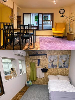 アーケードシェアハウスの共用リビング（上）と個室（下）。設備配管はすべて新しくし、構造も補強している。「見えないところにかなりお金がかかりました」と田村さん。窓も増やして自然光を補っている