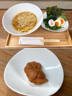 上／「あんとめん」のラーメン。めんは2種類からチョイス、お好みの具材は別盛りで提供される。</br>下／店舗のマークを象った人形焼き。小ぶりで甘さは控えめ、軽い食感で食べやすい