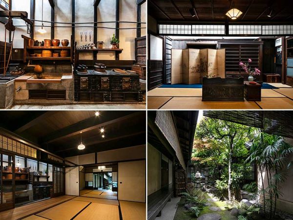 右上「ゲンカン」、右下が庭、左下が「ゲンカン」から「オク」方向、左上は「ダイドコ」の「おくどさん」　提供：長江家住宅、撮影：KKPO浜田昌樹