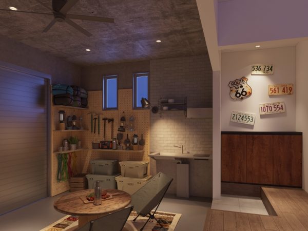 横浜市戸塚区に建築中の『プレジャーレジデンスGARAGE LIFE戸塚』。延床面積71.36m2（ガレージ14.41m2含む）の趣味時間が満喫できる家