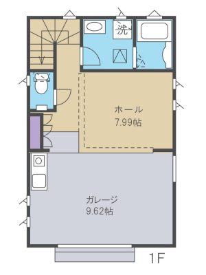 『プレジャーレジデンスGARAGE LIFE保土ヶ谷』の1階間取り。ガレージを駐車スペースとしてだけではなく、趣味を楽しむ空間として提案。ガレージとホールがつながった大空間でさまざまなアクティビティが楽しめる