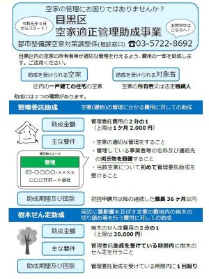 目黒区の空家適正管理助成事業のパンフレット。管理委託だけでなく樹木（庭木）の剪定に対しても助成を行っている