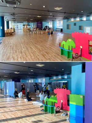 ビルのエントランスに設けたオープンなカフェ。坂口さんも店頭に立ち、まちの話題を提供する。「コーヒーやランチの提供だけで人を呼ぶのは難しい。まだまだ試行錯誤中です」と坂口さん（下2点写真提供：こととば那珂川）