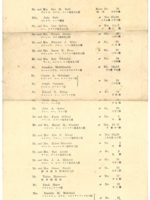 1934（昭和9）年11月に開催された日米野球の際の部屋割り表。一番上に「ジョウジ,エッチ,ルース様及夫人様」とあり、その下には「ジュリア,ルース嬢様」とある。米軍選抜チームが「蒲郡ホテル」、日本チームは「常磐館」に宿泊した（写真提供：蒲郡クラシックホテル）