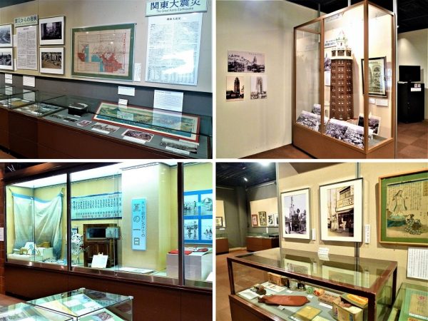 2階展示室の様子。左上）関東大震災では、長屋などの木造家屋が密集した下町一帯は大きな被害を受けた。台東区の旧下谷区は約47％、旧浅草区は96％が焼失。そうした被災状況と復興にまつわる資料を見ることができる。</BR>右上）1890（明治23）年に開業した12階建ての浅草凌雲閣は、日本で初めてエレベーターが設置された建物として歴史に名を残す高塔。関東大震災で崩落してしまった。</BR>右下）昭和初期に使われた衛生道具を展示するコーナーもあり、当時のマスクや氷まくら、吸入器などが並ぶ。</BR>左下）取材に訪れた際には、「大正～昭和にかけての夏の1日」と題した特別展が開催されていた。上段に氷を入れて冷やす木製氷冷蔵庫、手回し式のかき氷機など、暑さをしのぐために用いていた生活道具を見ることができた。