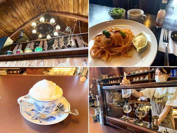 左上／操舵輪のシャンデリアなど、店内には創業者の岡本さんが愛した船にまつわる装飾が今も残されている　右上／人気メニューのナポリタン　左下／岡本さんから教わったウインナーコーヒー　右下／最近では珍しい、ガス火のサイフォンで一杯一杯丁寧に淹れる