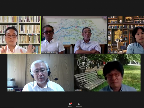 司会の東京大学社会科学研究所教授 中村尚史氏（上左）、西本英雄氏、駄田井正氏（上中、左から順）、中村寛樹氏（上右）<br />宮原信孝氏（下左）、加藤孝明氏（下右）