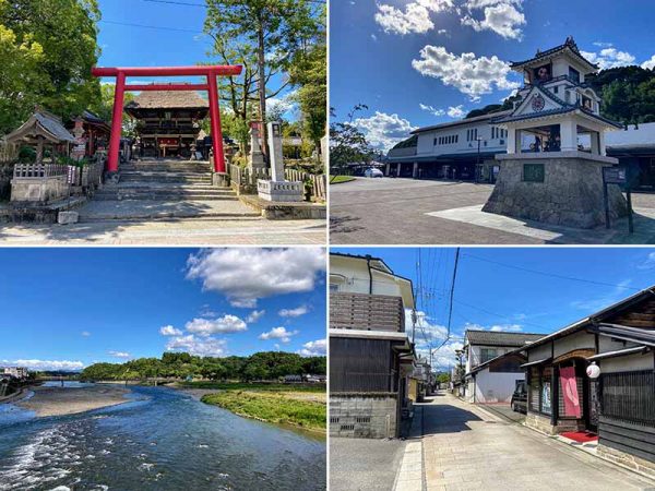 人吉点景。左上／平安時代初期に創建されたという青井阿蘇神社。桃山風の建築様式が珍しい　右上／JR人吉駅。人吉にまつわる昔話をモチーフにしたからくり時計がシンボル　左下／球磨川の向こうに人吉城趾を望む。鎌倉時代から幕末まで、約700年もの間この地を治めた相良氏の居城だった　右下／職人町の面影を残す、石畳の鍛冶屋町通り