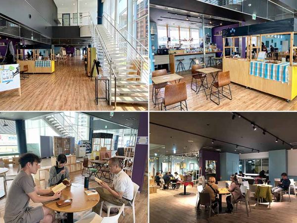 ビルのエントランスに設けたオープンなカフェ。坂口さんも店頭に立ち、まちの話題を提供する。「コーヒーやランチの提供だけで人を呼ぶのは難しい。まだまだ試行錯誤中です」と坂口さん（下2点写真提供：こととば那珂川）