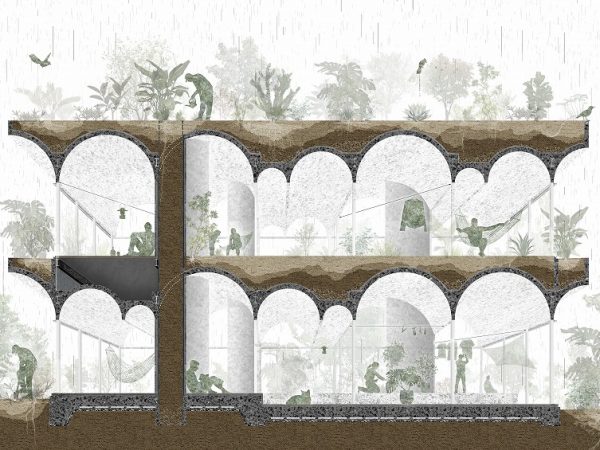 建物の裏側に設置された鎖は土中の水を少しずつ排出するためのもの。さまざまな工夫を凝らしてオーバーフローさせないようにしているそうだ