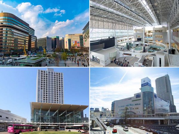 【駅まち再構築事例】</br>左上／大都市都心部･博多駅。写真右端がJR博多駅だ。用地交換や道路の付け替えによって不足していた歩行者空間を確保し、大都市の玄関にふさわしい駅前広場をつくり出した。立体都市計画で、駅ビルの1階に歩行者空間、2階にデッキを設けている</br>右上／大都市郊外部･たまプラーザ駅。線路の上に人工地盤を設け、駅と一体になった歩行者空間や広場、商業施設を整備した。駅空間内にバスやタクシーへ乗り換え機能を配置している。写真は改札前広場。　</br>左下／地方中核都市･福井駅。タクシープールを高架下に移転して歩行者や公共空間のための空間を確保し、地域鉄道の駅前広場への延伸、バスターミナルの整備で公共交通機関の乗り換えをスムーズにした。北陸新幹線の延伸を控え、今も周辺の再開発が進行中だ</br>　右下／地方都市･土浦駅。駅とペデストリアンデッキでつながる場所に広場を設け、駅周辺に市役所･図書館･市民ギャラリー･サイクリング拠点施設といったサービス機能を集約した。写真中央のビルに市役所が入居している</br>（画像提供：ピクスタ）