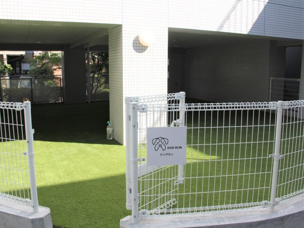 フリースペースを転用したドッグランの入り口。奥には、犬が自由に走り回れる空間が広がる