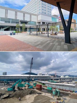 上／JR長崎駅西口。開業直前の出島メッセ長崎とヒルトン長崎　下／駅前広場整備中の東口