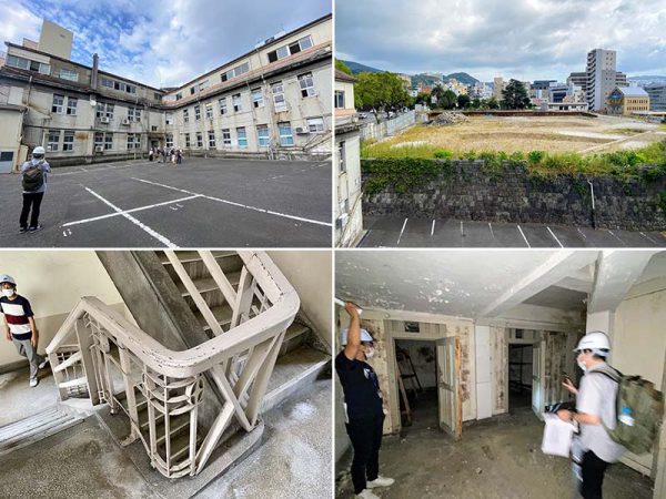 旧長崎警察署。正面玄関には県庁時代の「第3別館」の文字が残る。玄関の左に「南蛮船来航の波止場跡」という石碑がある